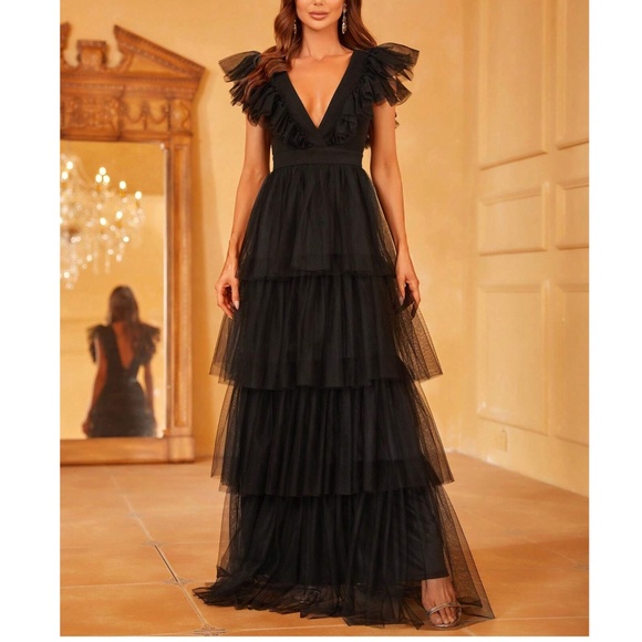 Luxe Black Plunging Neck Ruffle Sleeve Evening Party Formal Dress - Picture 3 of 5